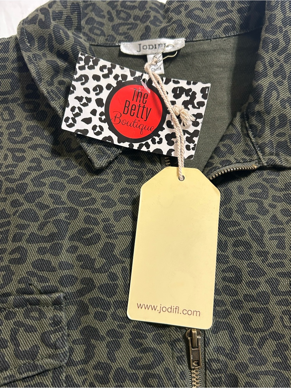 Jodifl Olive Leopard Print Utility Jacket Size S Drawstring Waist Zip Front - Picture 8 of 10